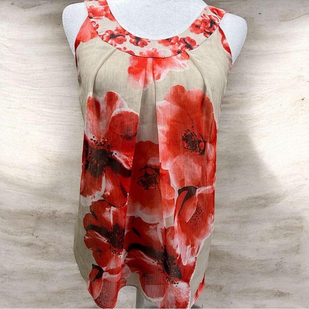 Floral Sleeveless Chiffon Top – Red & Beige Watercolor Print – Size XS